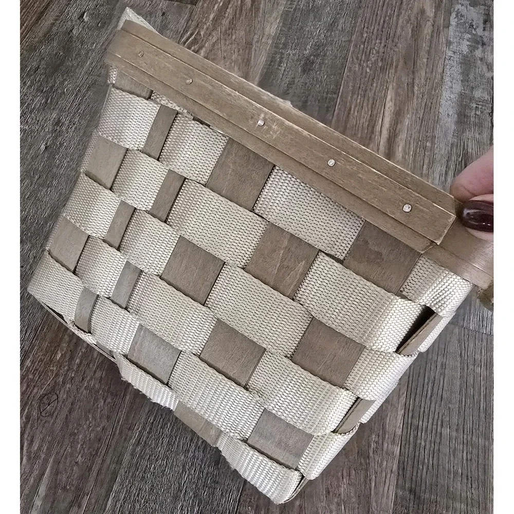Longaberger Small Tan Green Side Handled To‎ Go Tote Nylon & Wood Basket